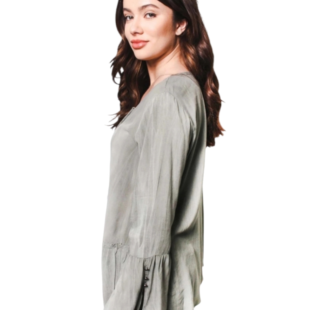 BOHO WOMENS LACE UP BELL SLEEVE TOP